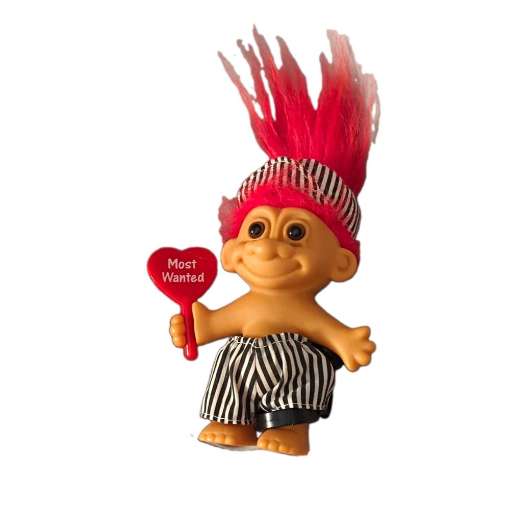 Troll Doll Figure w/ Striped Outfit Holding "Most Wanted" Heart Sign